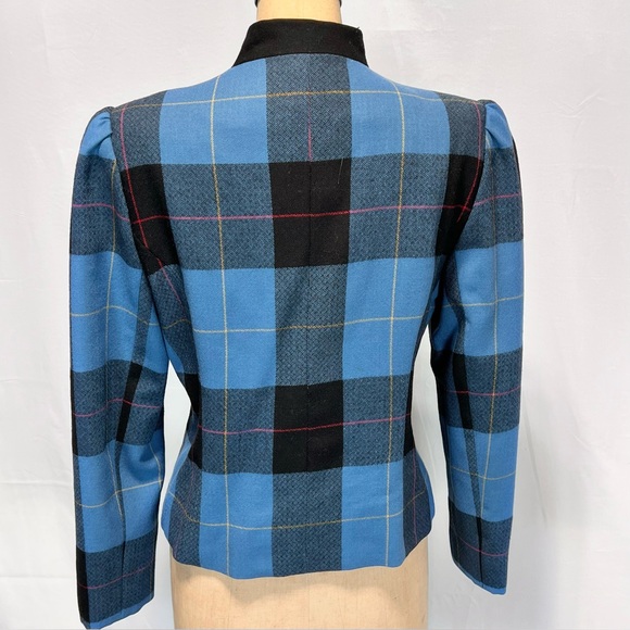 VINTAGE 80s wool tartan plaid blazer jacket button front collarless tailored 90s - Picture 6 of 12